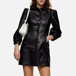 Topshop faux leather mini dress puff sleeves button-down 6